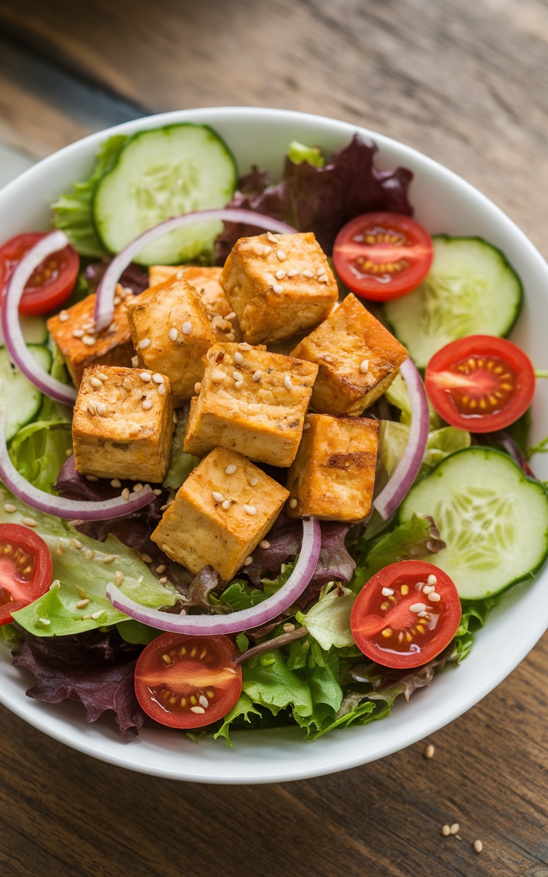 Crispy Tofu Salad: The Ultimate Keto Meal Crispy Tofu Salad with golden tofu cubes, mixed greens, cucumber, cherry tomatoes, and sesame seeds on a wooden table.
